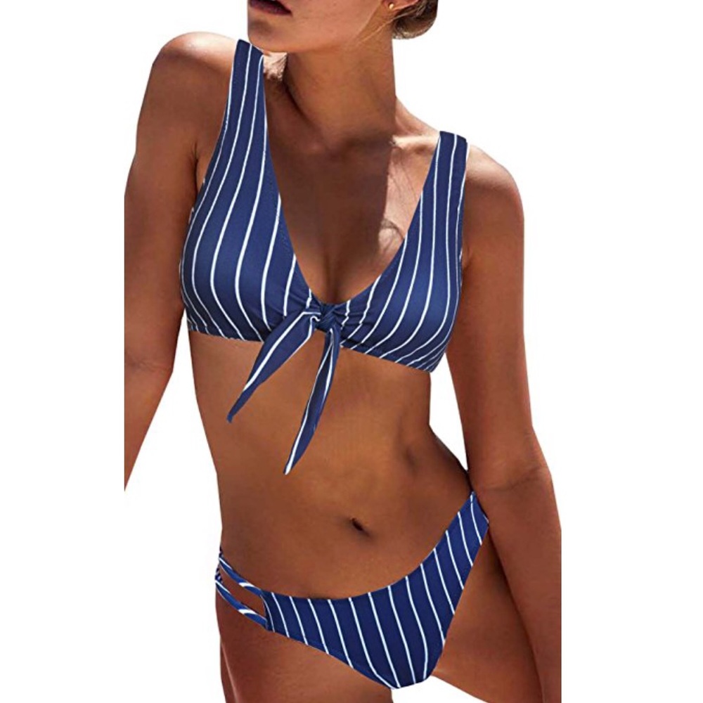 JUST IN - Blue front tie striped bikini - Picture 1 of 8